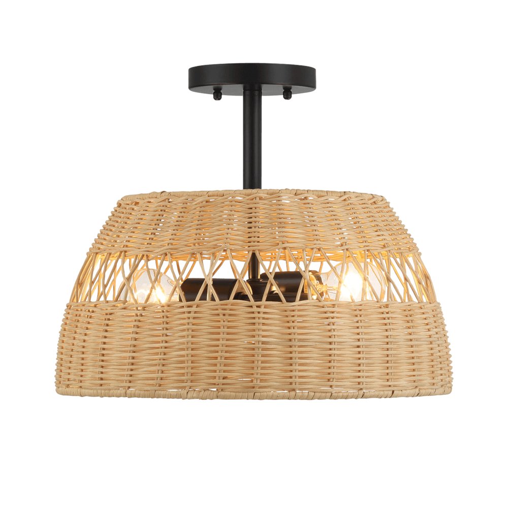 2-Light Rattan Semi-Flush Mount | Black Metal & Woven Farmhouse Ceiling Light
