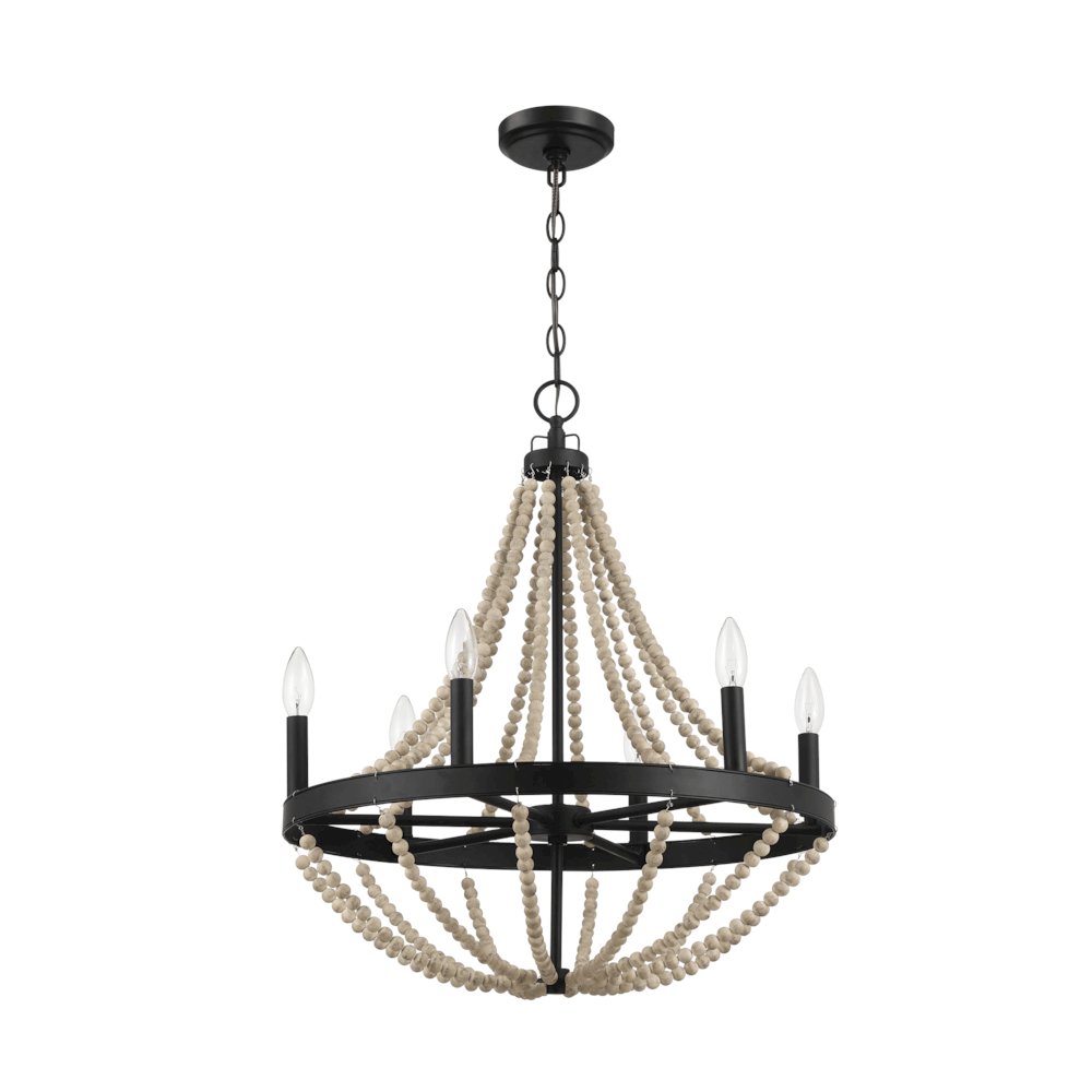 Wood Chandelier Farmhouse Six Candle Light Wood Beaded Black Pendant Light