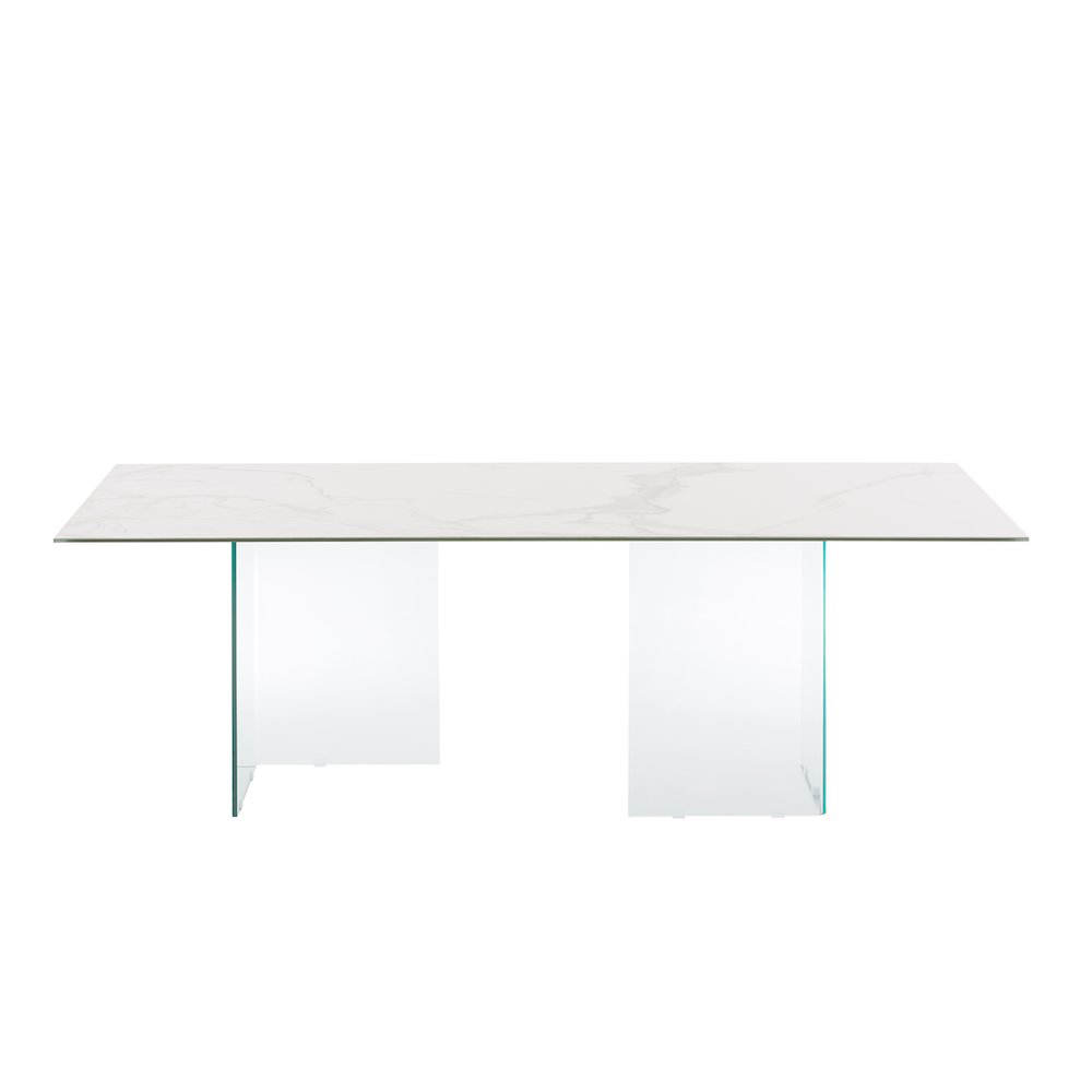 Miami Dining Table With Clear Base And White Marbled Porcelain Top