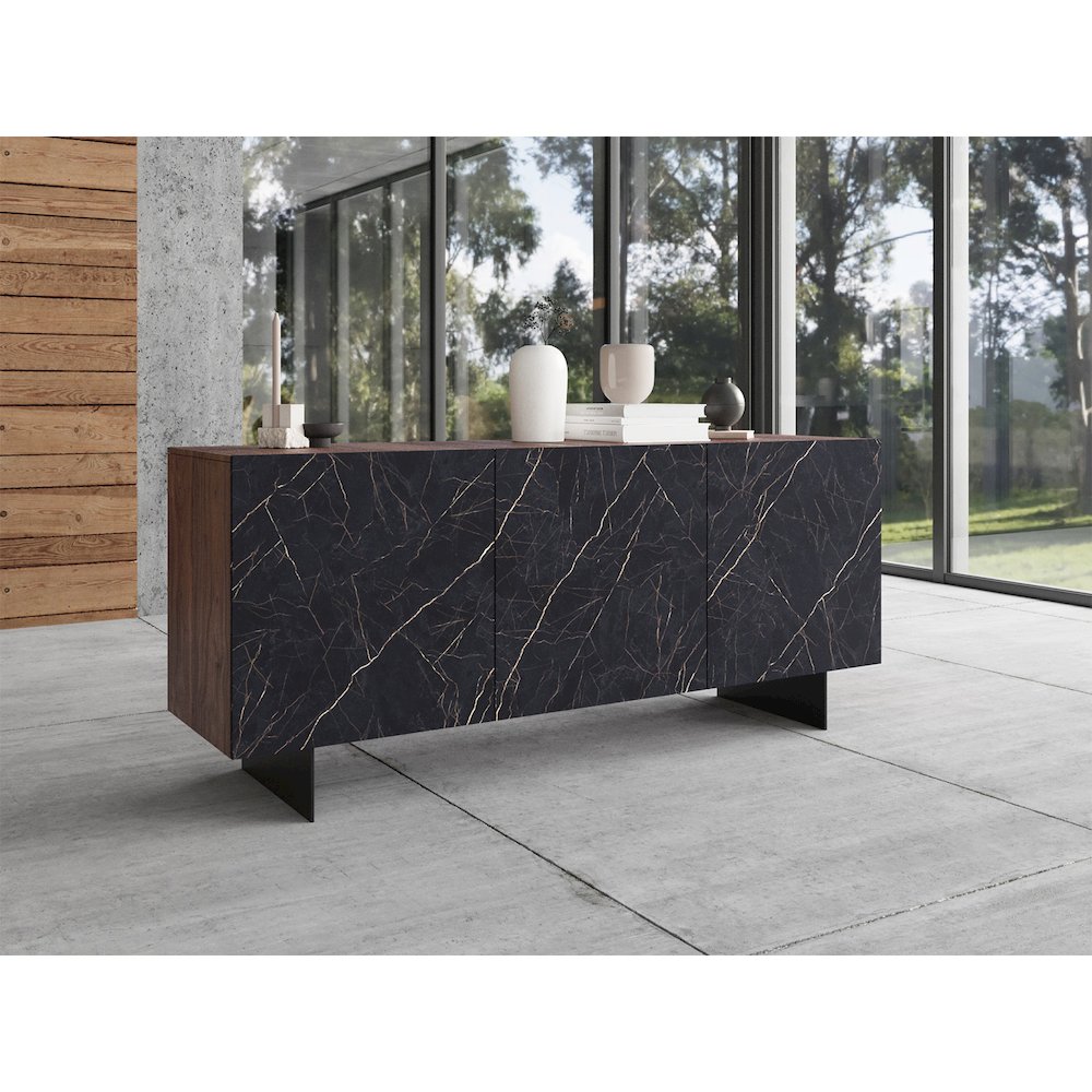 Totem Buffet In Walnut - Black Marbled Porcelain With Storage