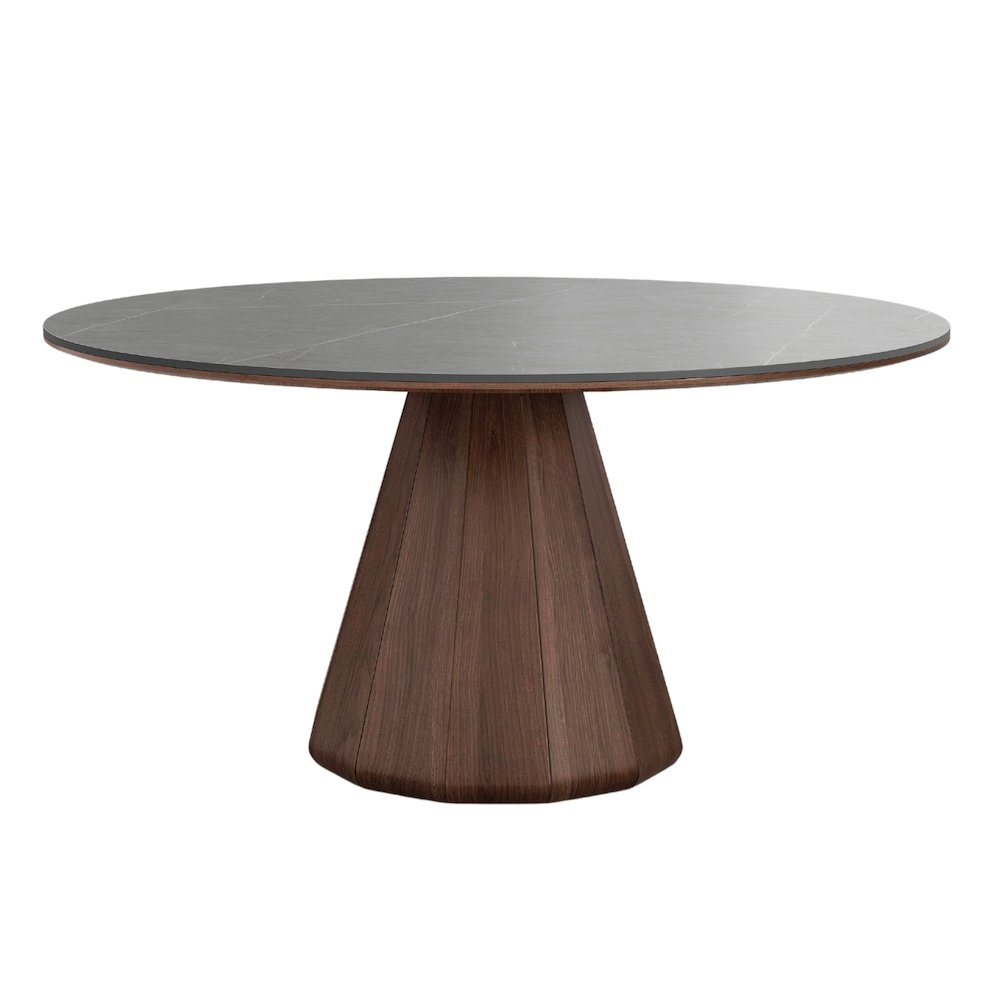 Eric 53 In Round Dining Table With Walnut Base And Gray Marbled Ceramic Top