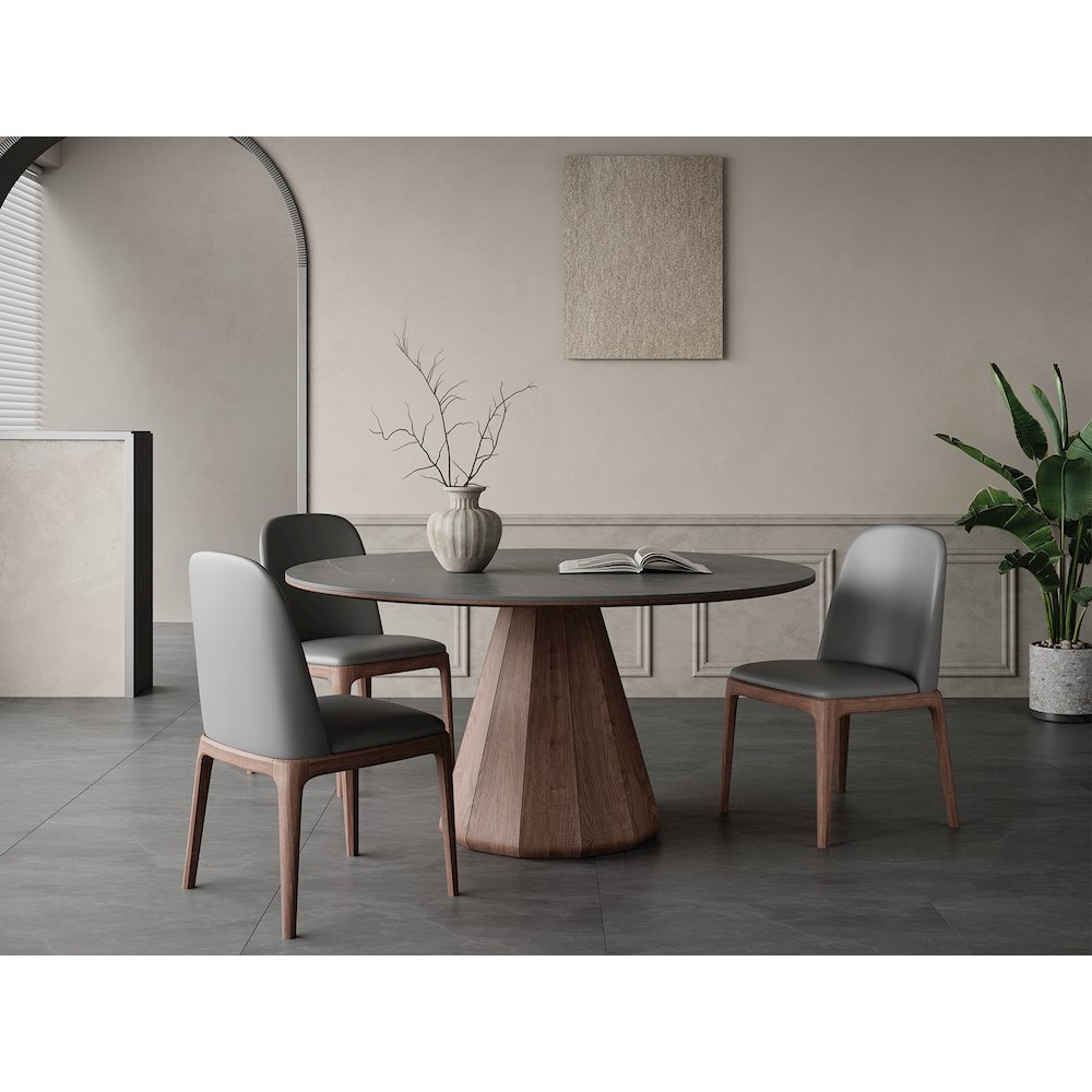 Eric 53 In Round Dining Table With Walnut Base And Gray Marbled Ceramic Top
