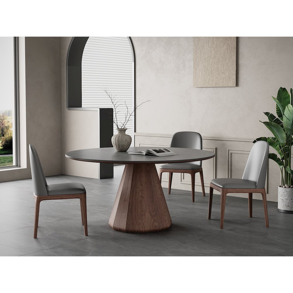 Eric 53 In Round Dining Table With Walnut Base And Gray Marbled Ceramic Top