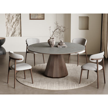 Eric 53 In Round Dining Table With Walnut Base And Gray Marbled Ceramic Top