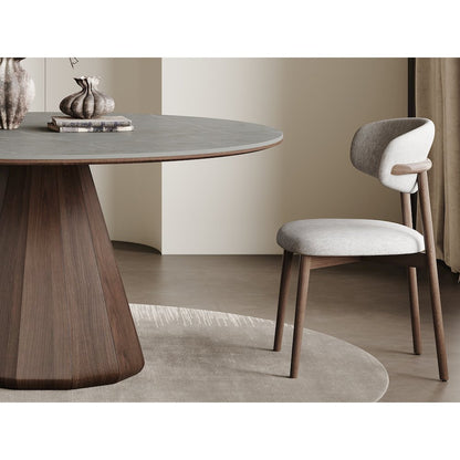 Eric 53 In Round Dining Table With Walnut Base And Gray Marbled Ceramic Top