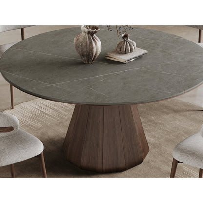 Eric 53 In Round Dining Table With Walnut Base And Gray Marbled Ceramic Top