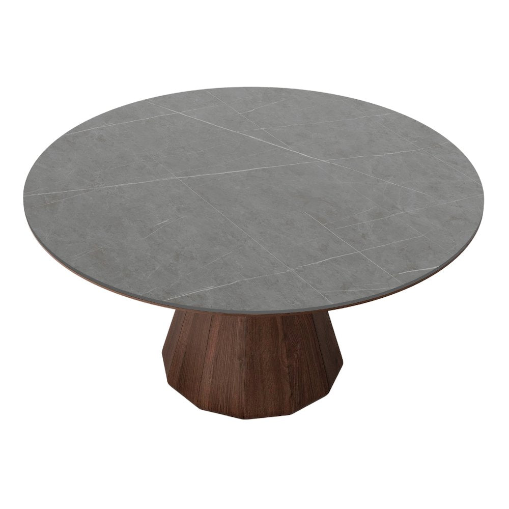 Eric 53 In Round Dining Table With Walnut Base And Gray Marbled Ceramic Top