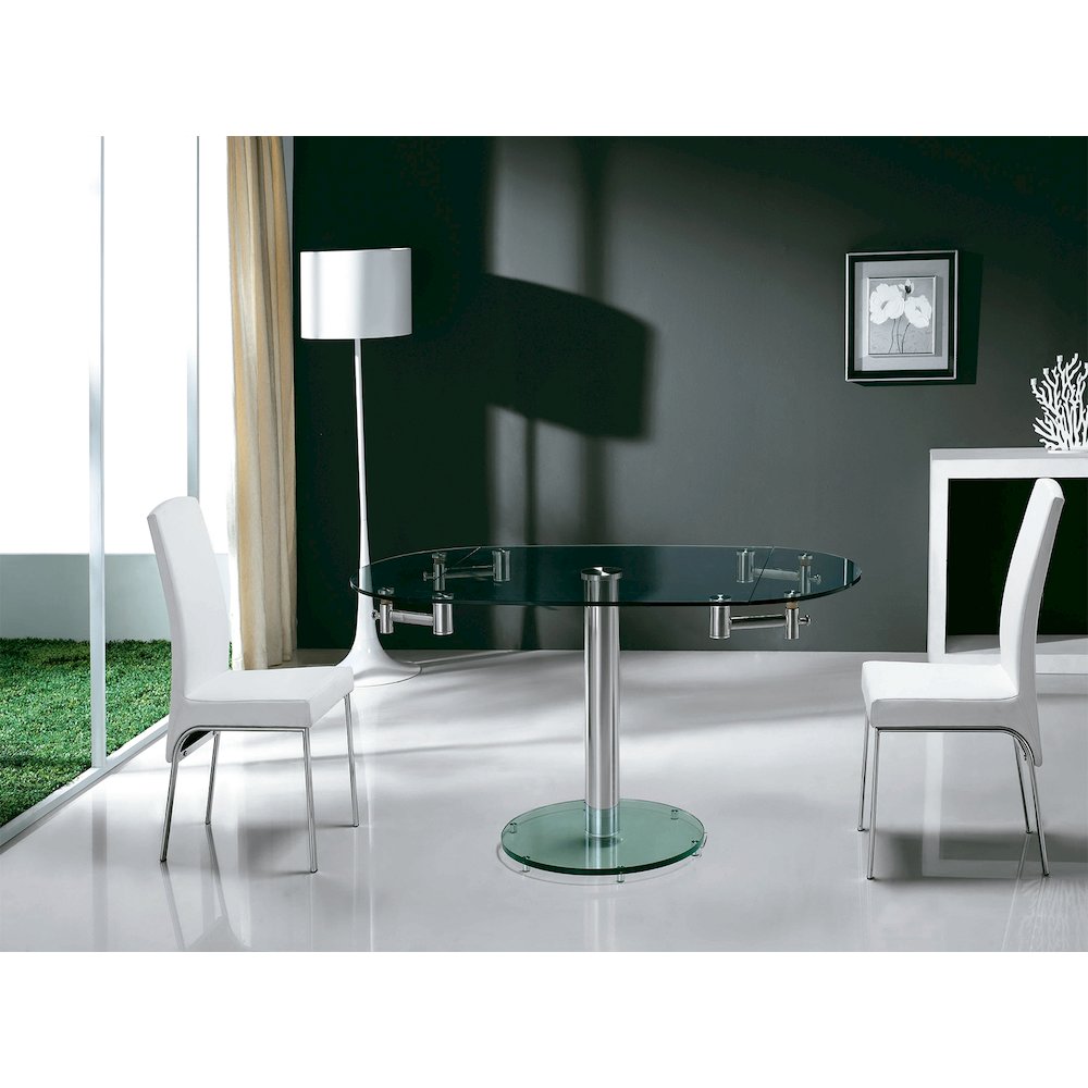 Thao Manual Dining Table With Stainless Base And Clear Top