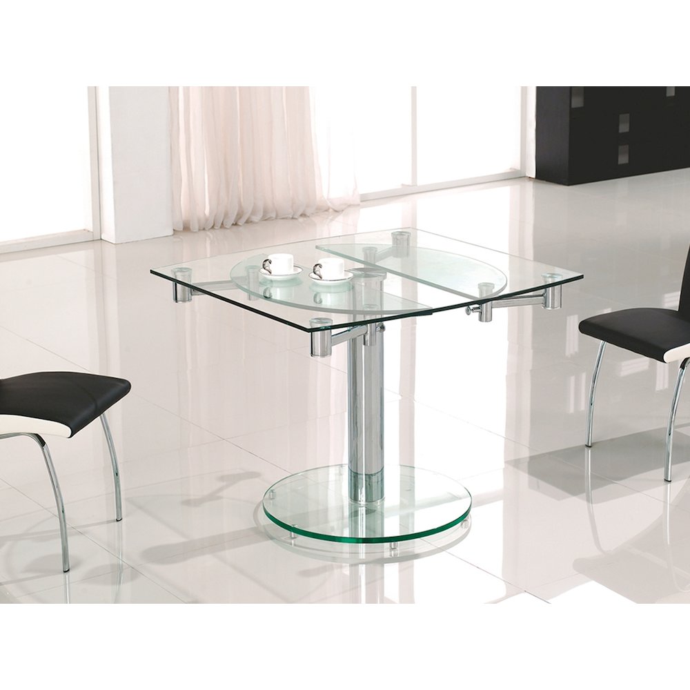 Thao Manual Dining Table With Stainless Base And Clear Top