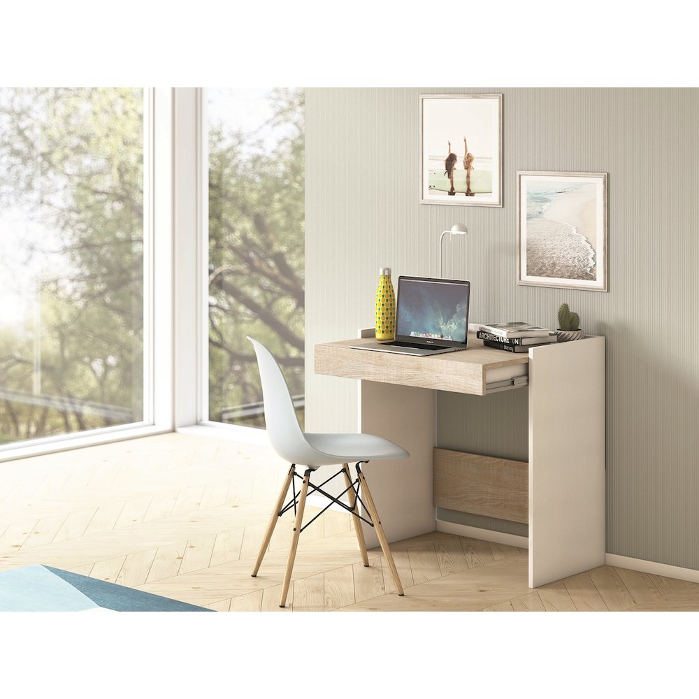 Lulu Office Desk In Light Oak Concrete Melamine With Storage