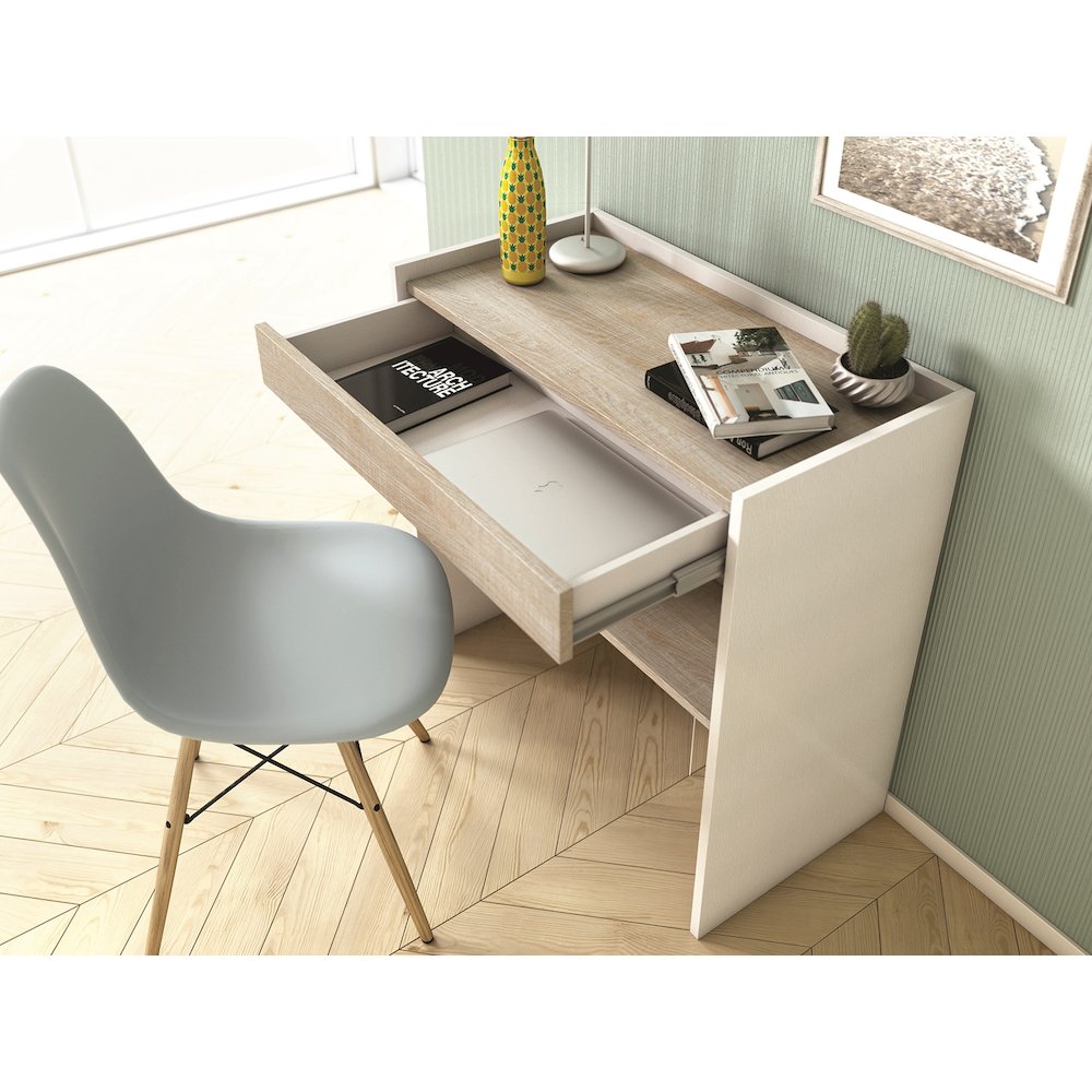 Lulu Office Desk In Light Oak Concrete Melamine With Storage