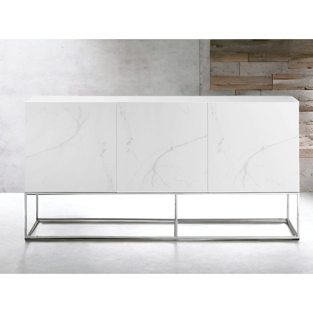 Vizzione Buffet In White Marbled Porcelain With Storage
