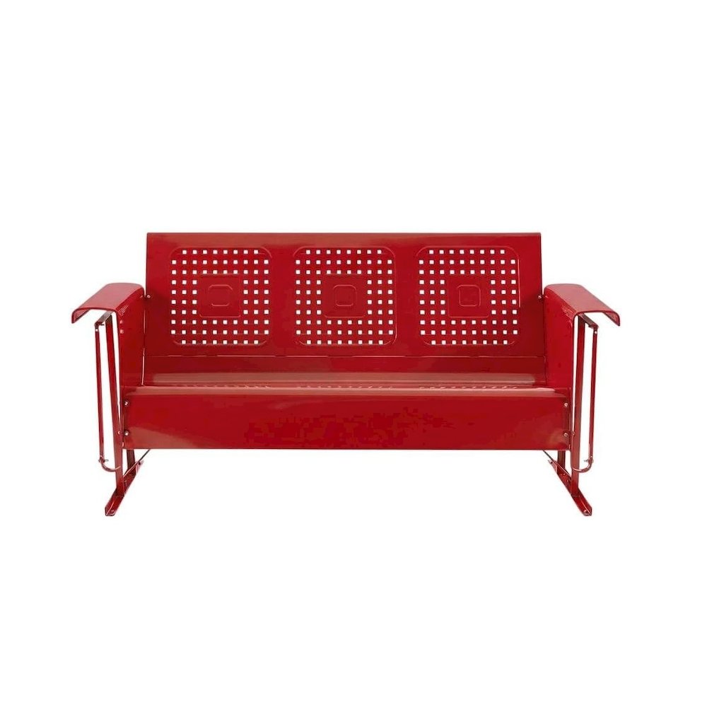Red outdoor sofa glider with sturdy frame and comfortable seating for three