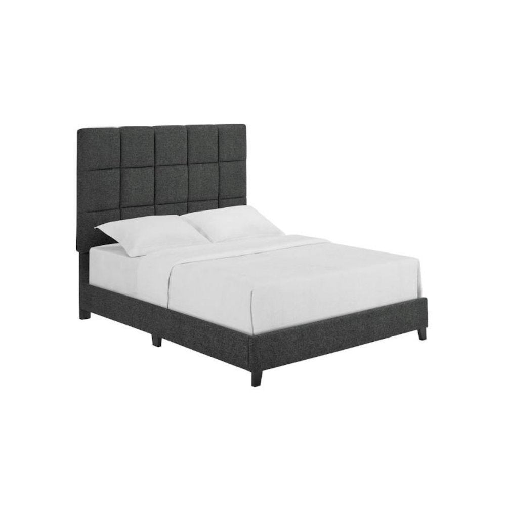 Queen Size Tall Grey Square Headboard Upholstered Platform Bed