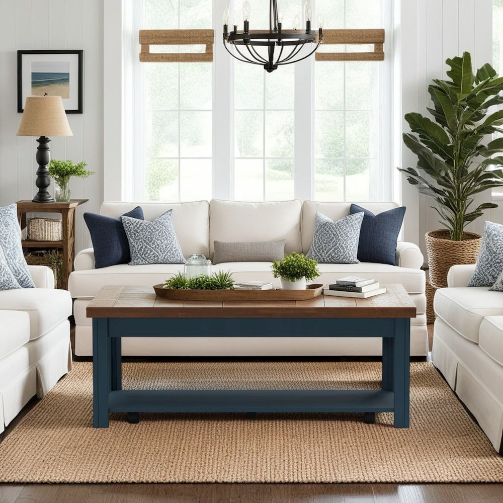 Nantucket 48 inch Coffee Table, Blue Denim and Whiskey Finish