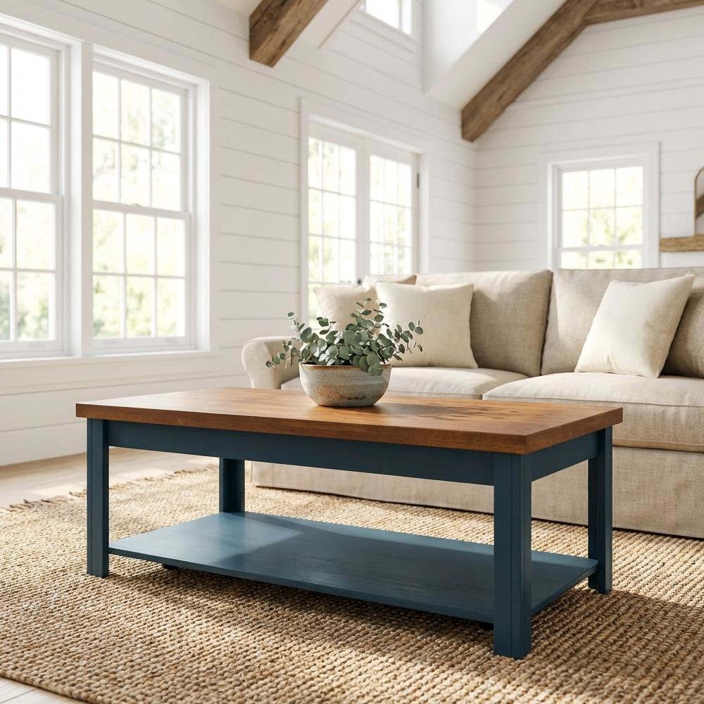 Blue and Brown Open Storage Coffee Table with Wood Veneer Surface