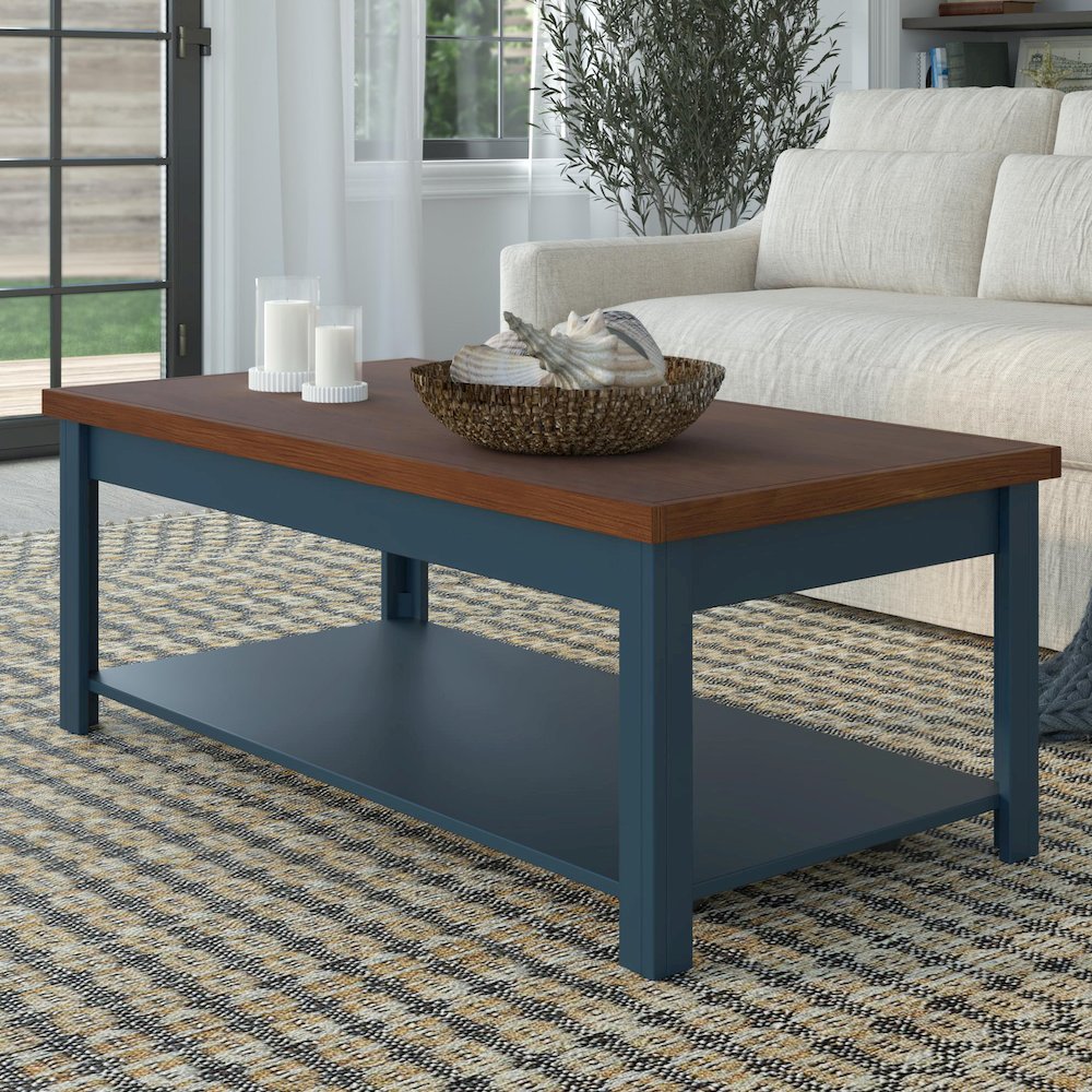 Nantucket 48 inch Coffee Table, Blue Denim and Whiskey Finish