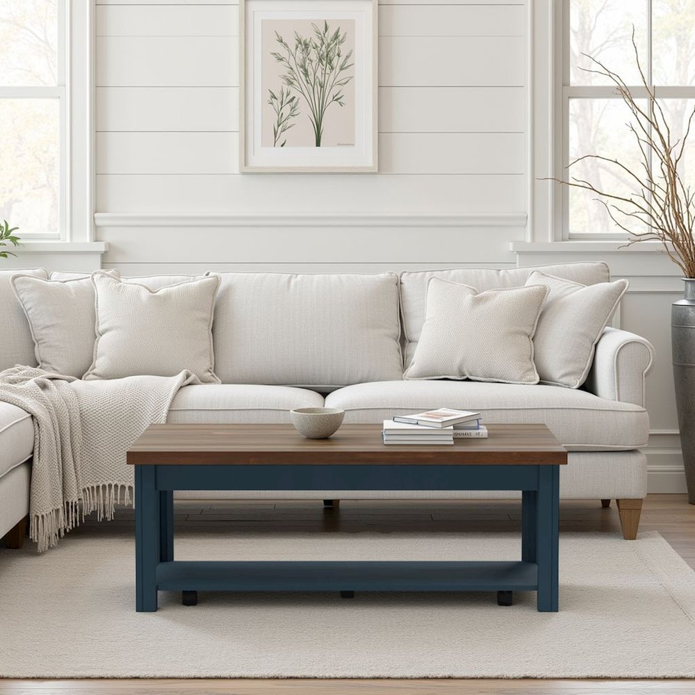 Nantucket 48 inch Coffee Table, Blue Denim and Whiskey Finish