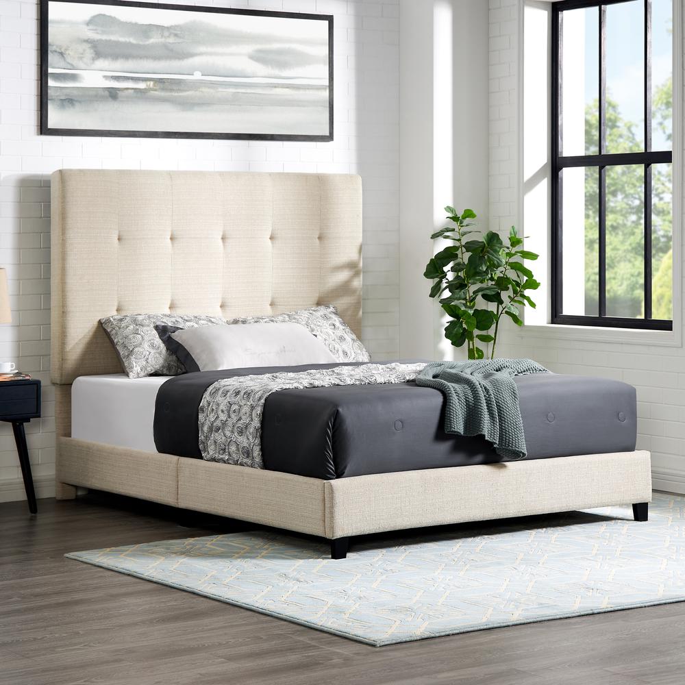 Queen Size Tall Tan Tufted Headboard Upholstered Platform Bed