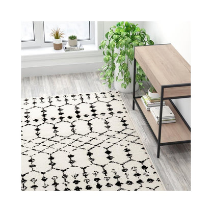 Geometric Bohemian Low Pile Rug - 8' x 10' - Ivory/Black