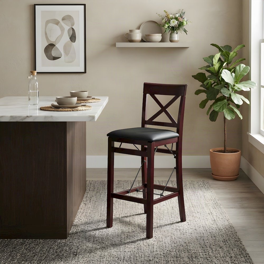 Rubberwood Folding Bar Stool with X-Back, Padded Bar Seat, Brown