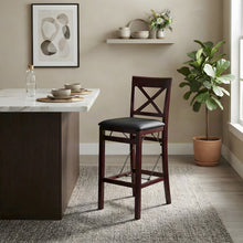 Rubberwood Folding Bar Stool with X-Back, Padded Bar Seat, Brown