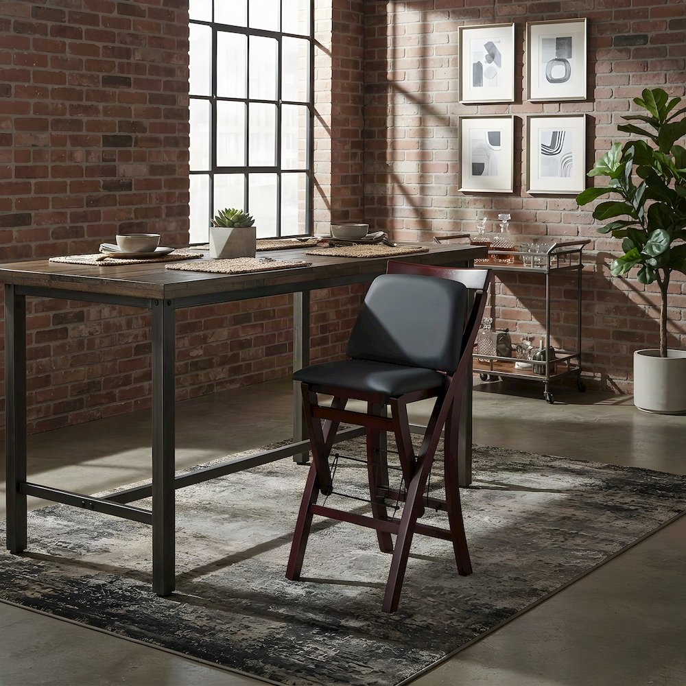Rubberwood Folding Bar Stool with X-Back, Padded Bar Seat, Brown