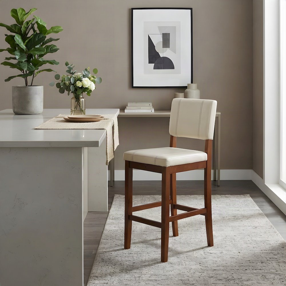 Mid-Century Faux Leather Bar Stool, Solid Hardwood Frame, Cream