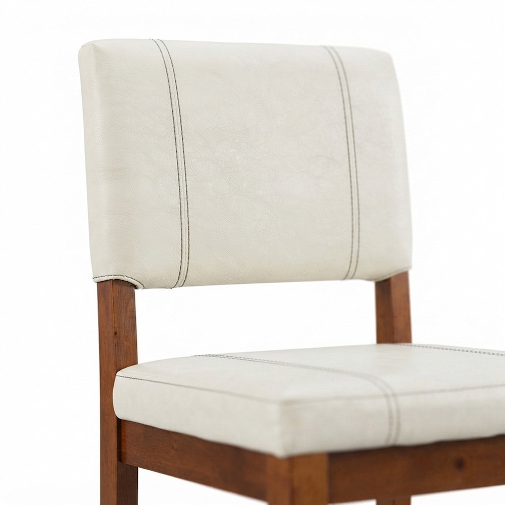 Mid-Century Faux Leather Bar Stool, Solid Hardwood Frame, Cream