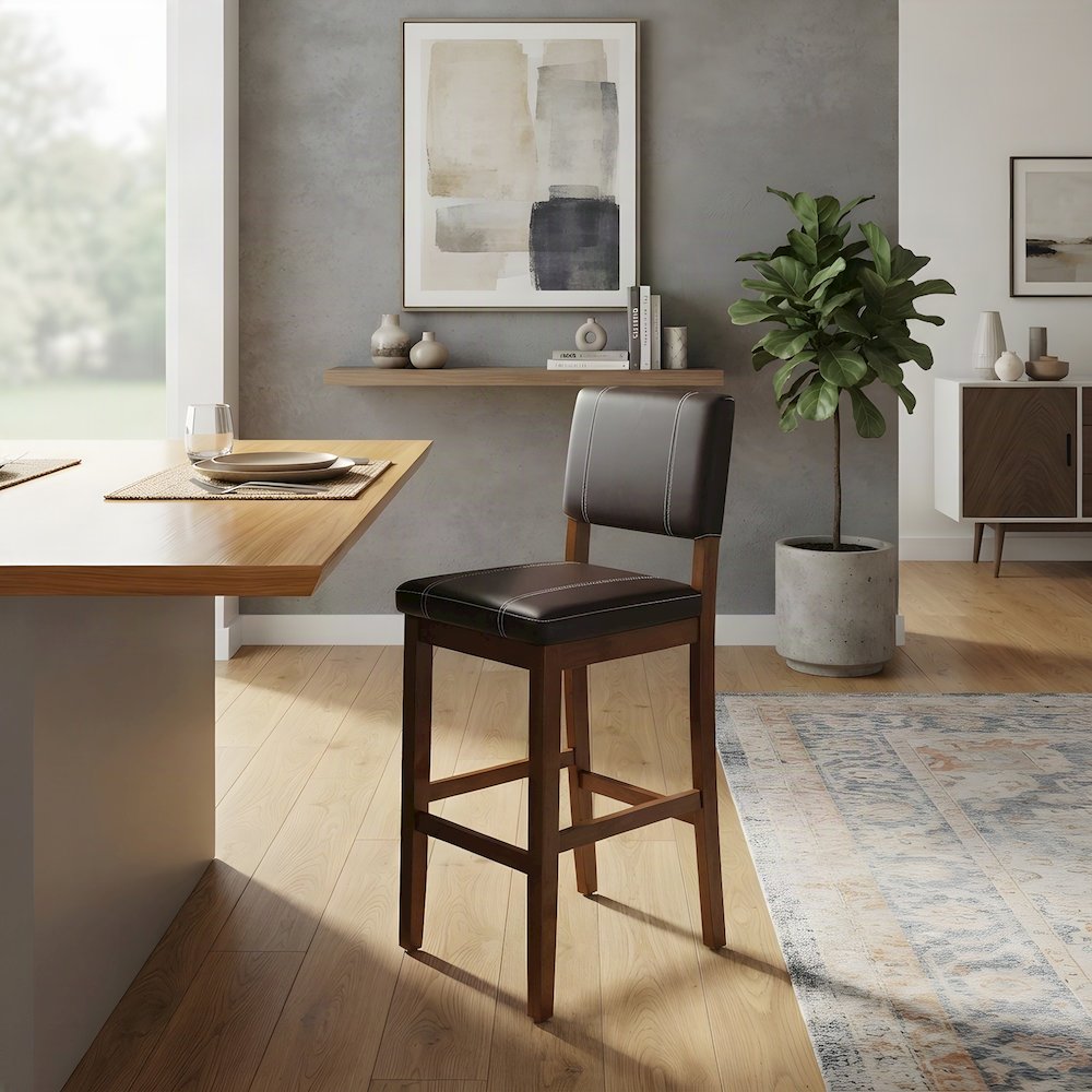 Mid-Century Faux Leather Bar Stool, Solid Hardwood Frame, Brown