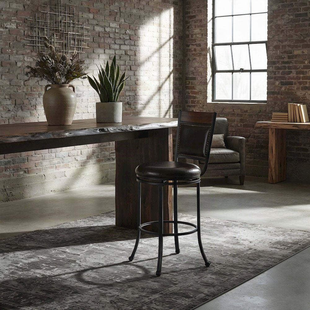 PU Leather Swivel Bar Stool with Steel Frame and Bentwood Rail, Brown