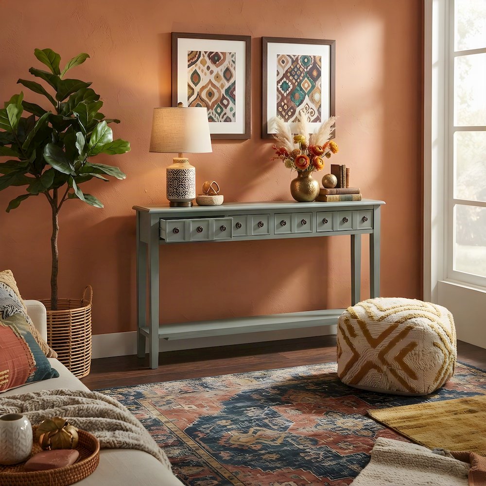 Console Table with Drawers, Lower Shelf, and Entryway Sofa Table, Blue