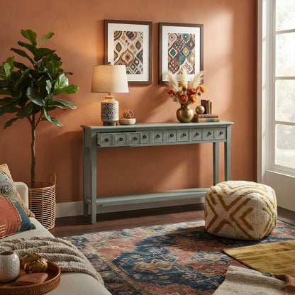 Console Table with Drawers, Lower Shelf, and Entryway Sofa Table, Blue