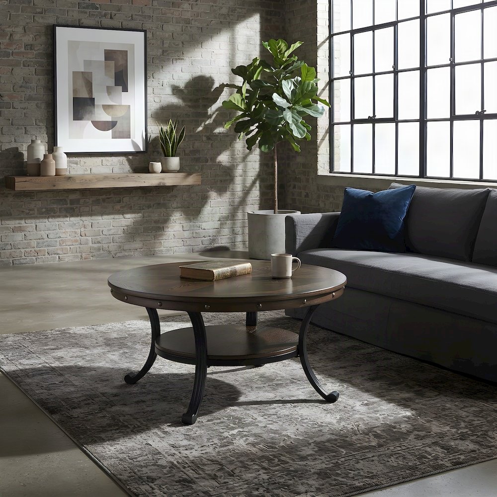Ash Veneer Wood Coffee Table with Nailhead Trim and Steel Frame, Brown
