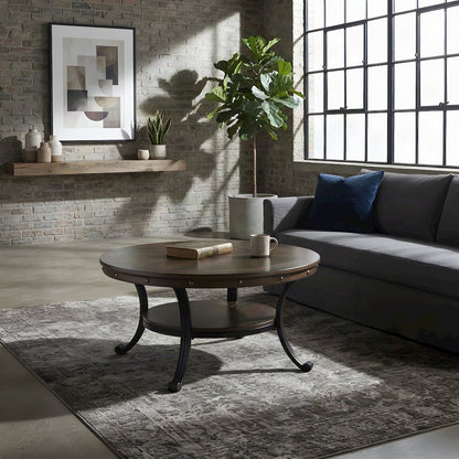 Ash Veneer Wood Coffee Table with Nailhead Trim and Steel Frame, Brown