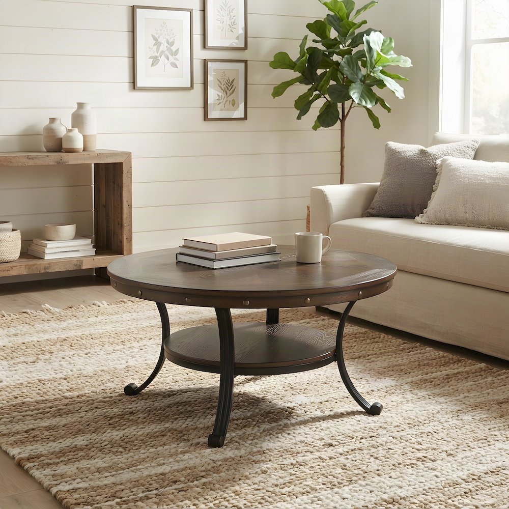Ash Veneer Wood Coffee Table with Nailhead Trim and Steel Frame, Brown
