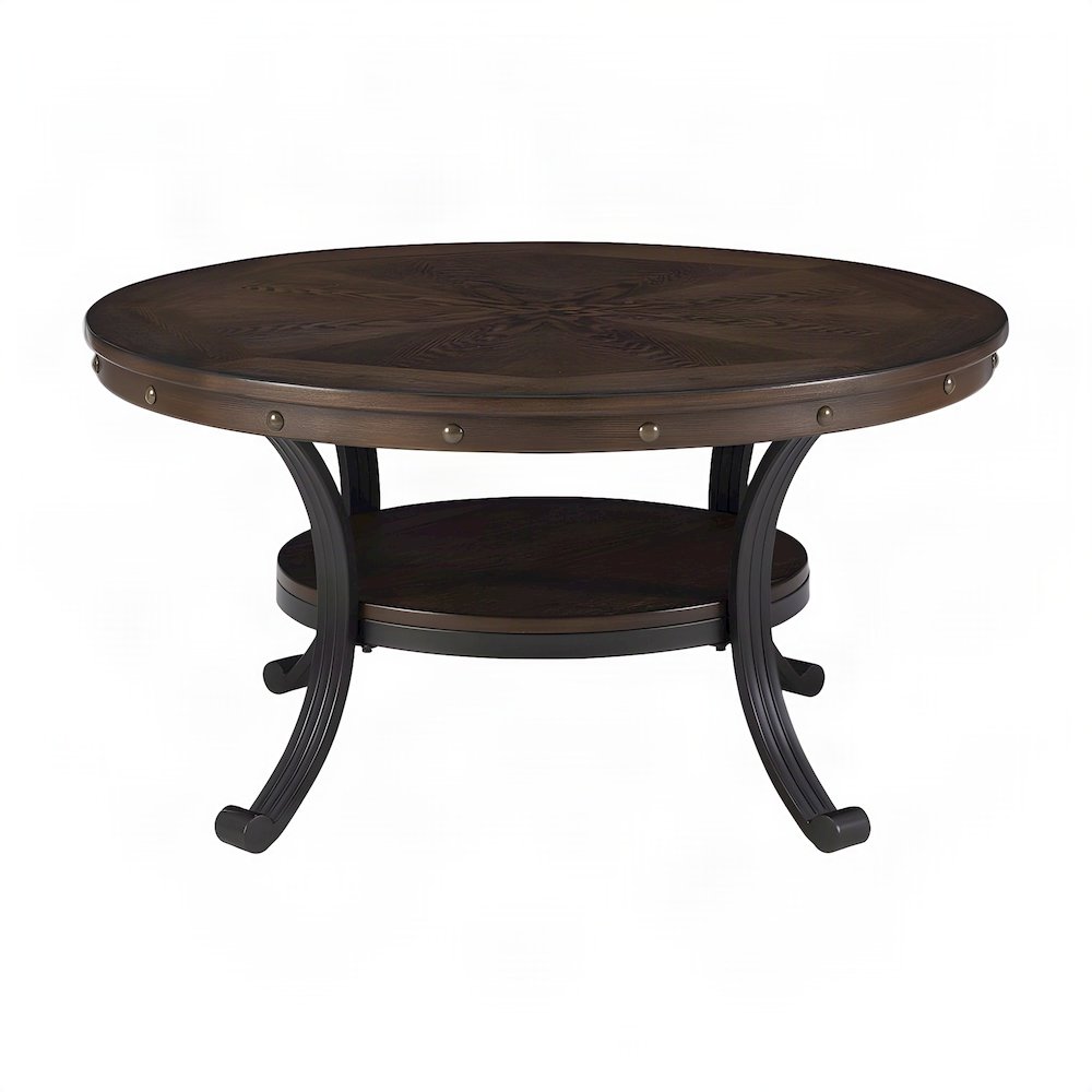 Ash Veneer Wood Coffee Table with Nailhead Trim and Steel Frame, Brown