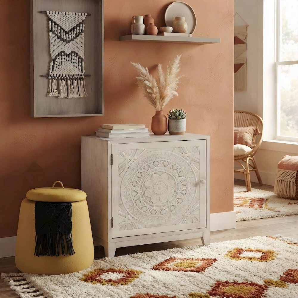 Carved Mandala Buffet Cabinet with Fixed Shelf and Magnetic Latch, White