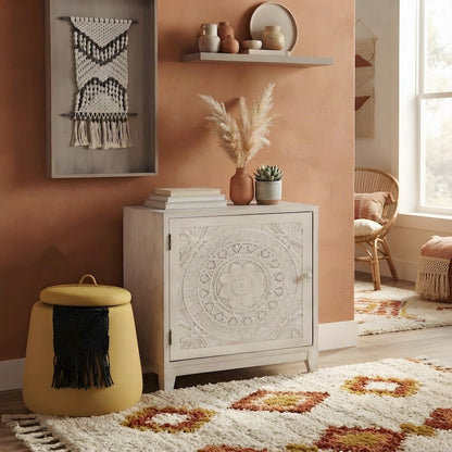 Carved Mandala Buffet Cabinet with Fixed Shelf and Magnetic Latch, White