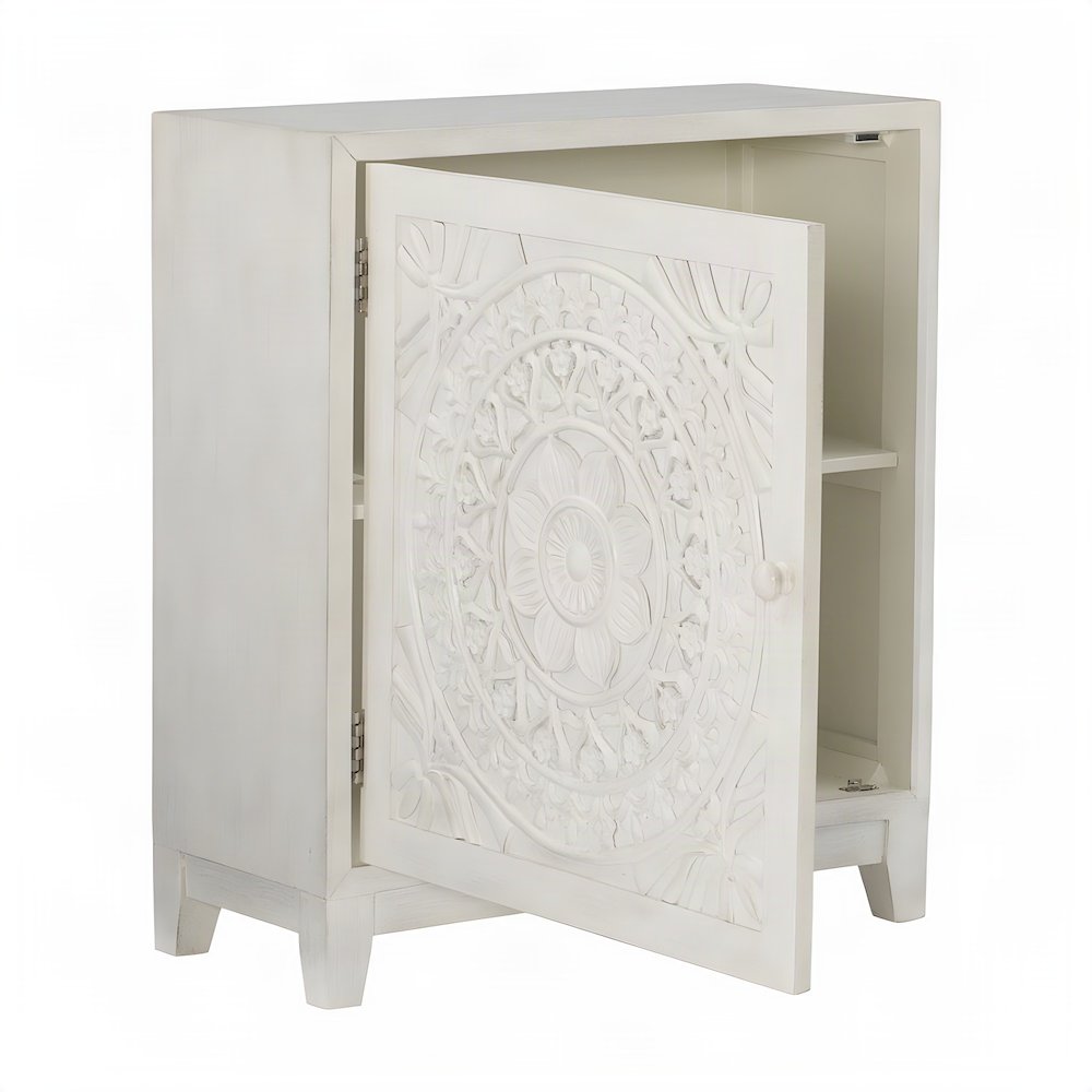 Carved Mandala Buffet Cabinet with Fixed Shelf and Magnetic Latch, White