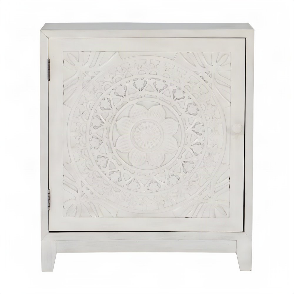 Carved Mandala Buffet Cabinet with Fixed Shelf and Magnetic Latch, White