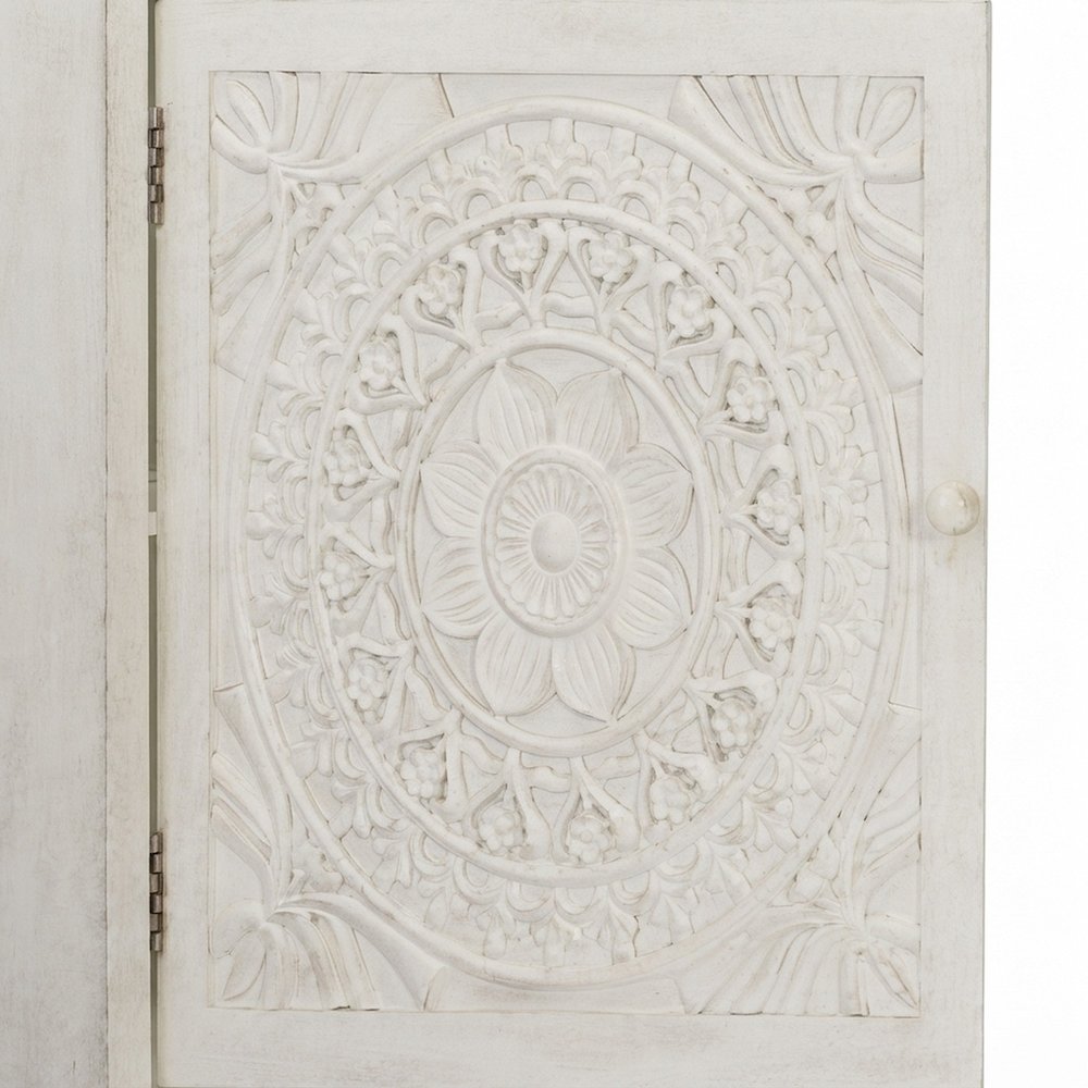 Carved Mandala Buffet Cabinet with Fixed Shelf and Magnetic Latch, White