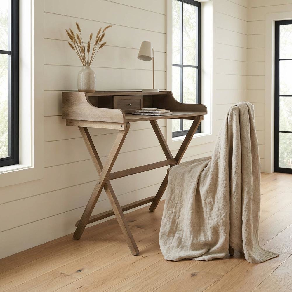 Rustic Brown Folding Office Desk With Solid Wood And Mdf Construction