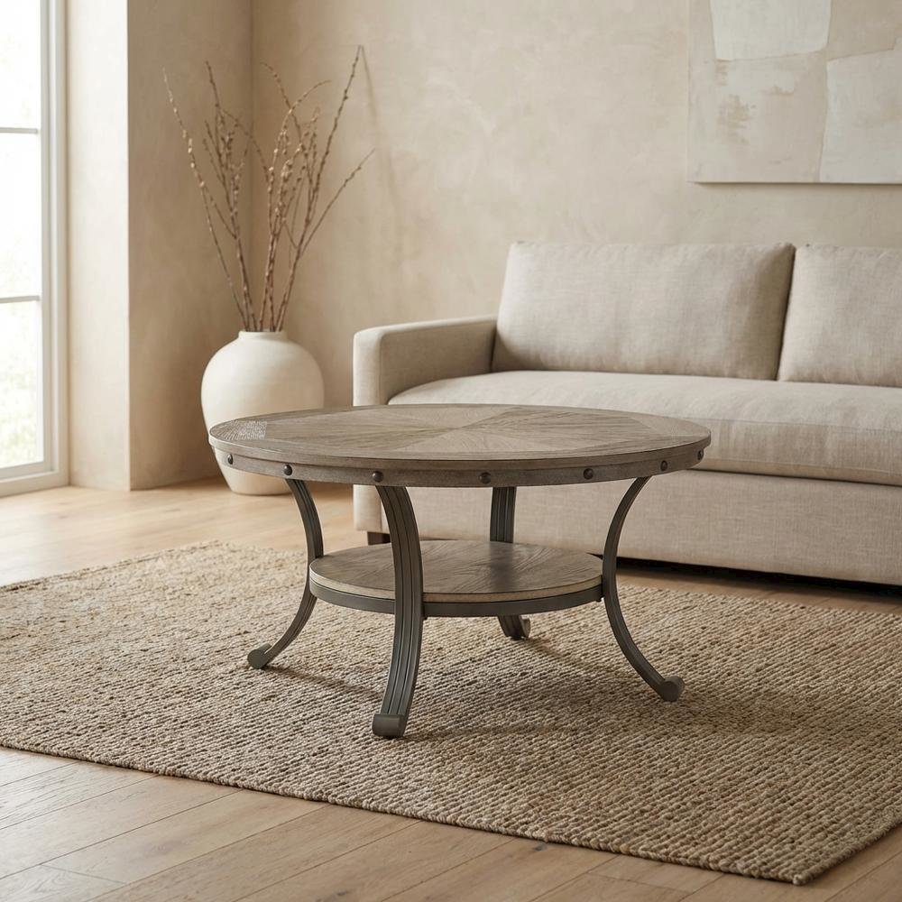 Round Coffee Table in Pewter Finish, Metal and Wood