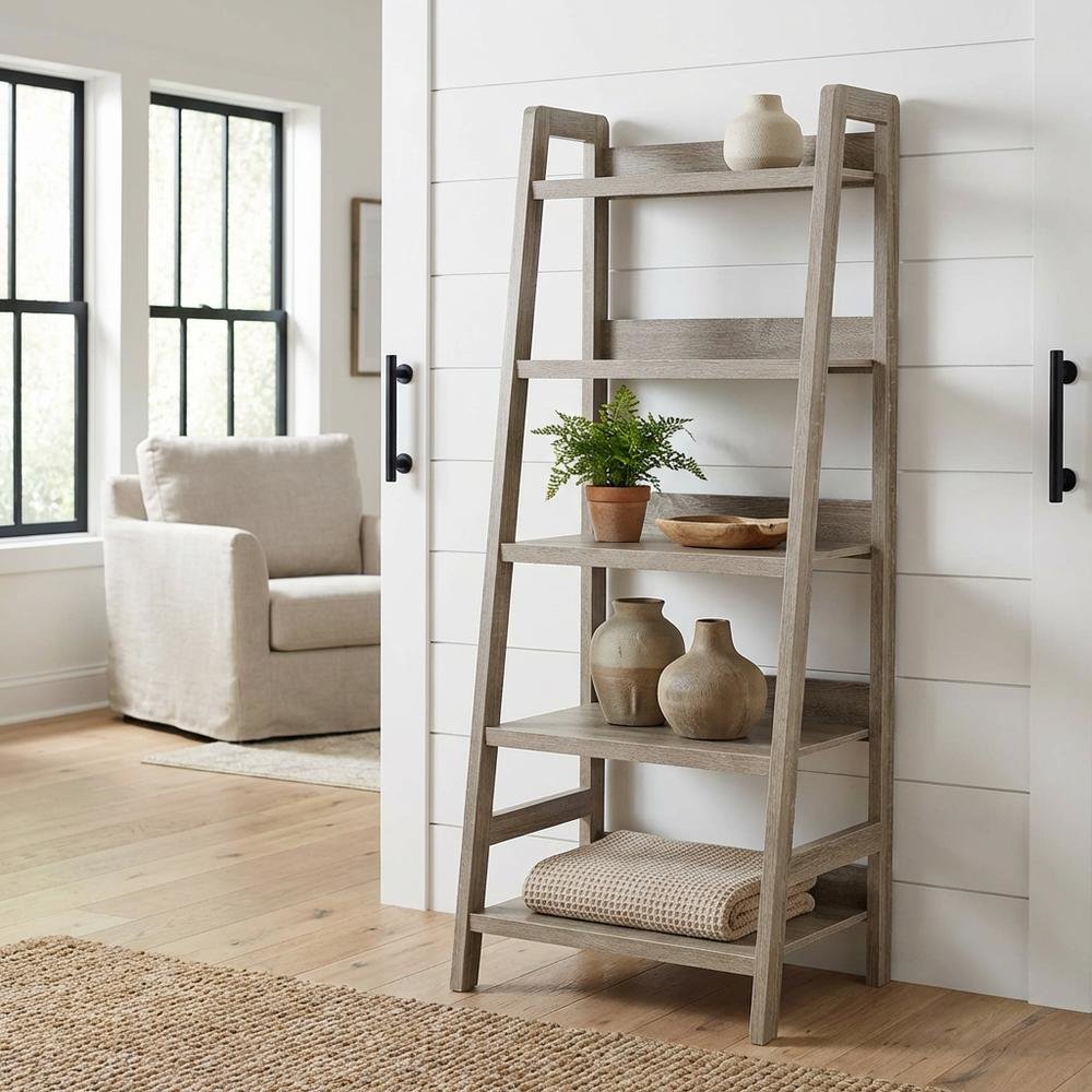 Grey Ladder Bookcase with Multi-Functional Shelving for Home Storage