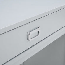 Gray wood and metal roll-top desk with storage compartments for home office use