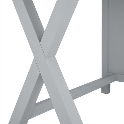 Gray wood and metal roll-top desk with storage compartments for home office use