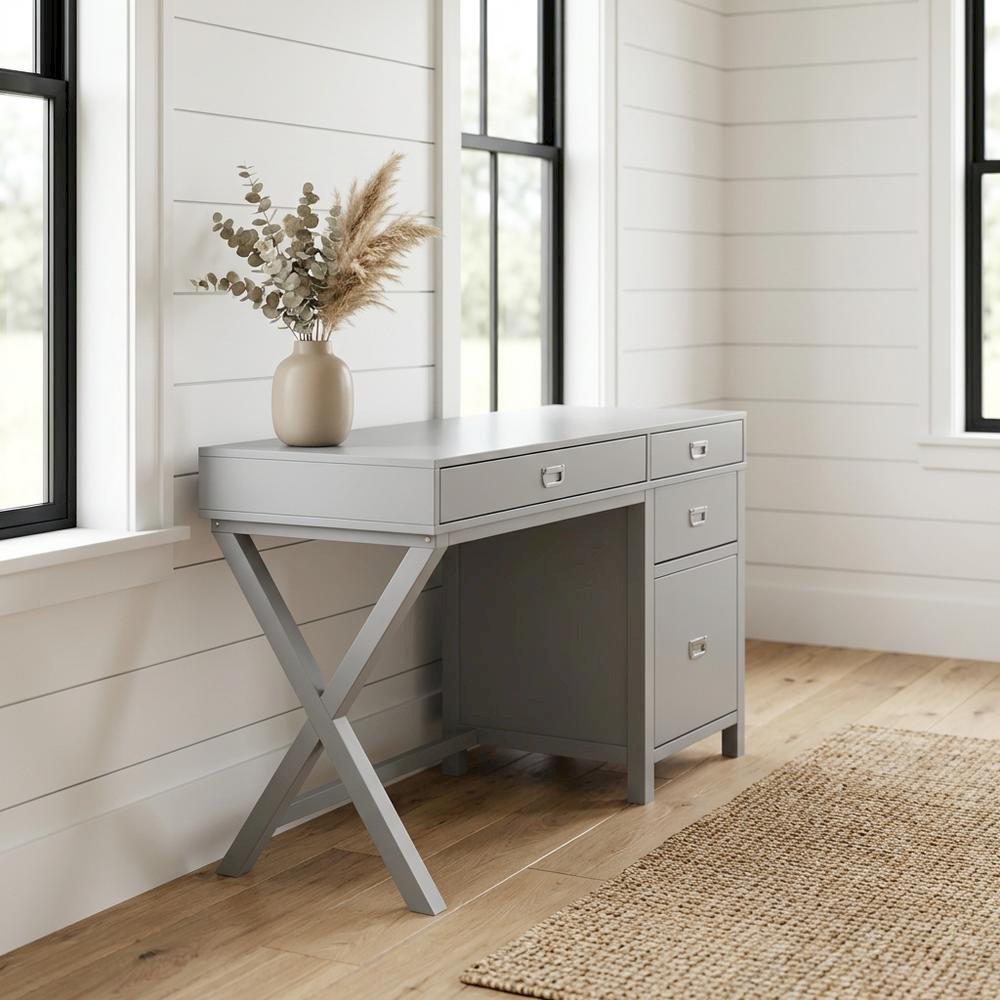 Gray wood and metal roll-top desk with storage compartments for home office use