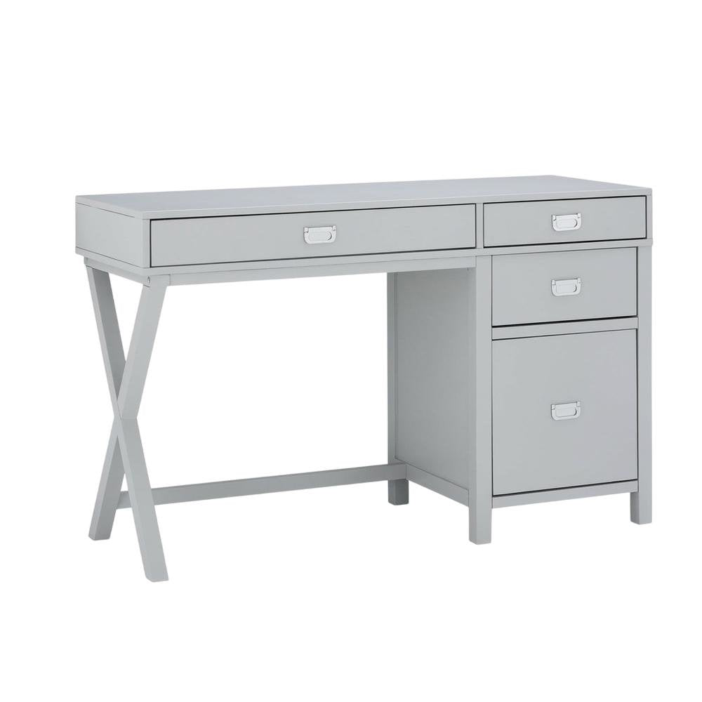 Gray wood and metal roll-top desk with storage compartments for home office use