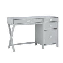 Gray wood and metal roll-top desk with storage compartments for home office use